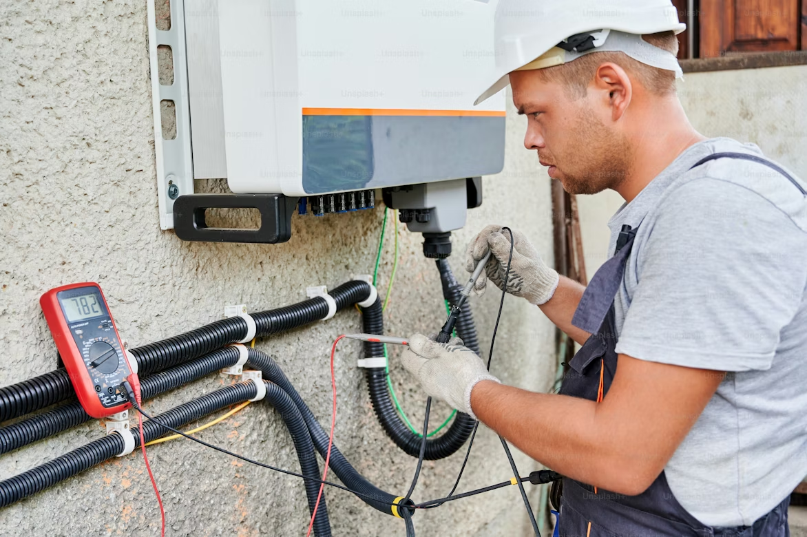 Ingénieur vérifiant une installation électrique au multimètre